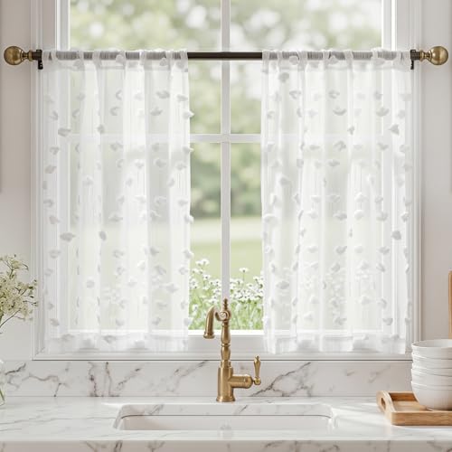 MYSKY HOME White Sheer Curtains with Pom Pom for Living Room 36x45,2 Panels