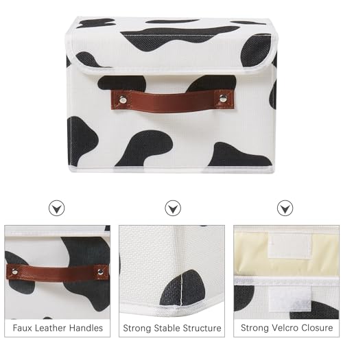 VinneGenzz Storage Bin with Lid Cow Print Cute Fabric Storage Basket Box with Faux Leather Handles PP Plastic Board Foldable Washable Lidded Cotton Linen Closet Shelf Organizer Container (Small Size) - Image 2
