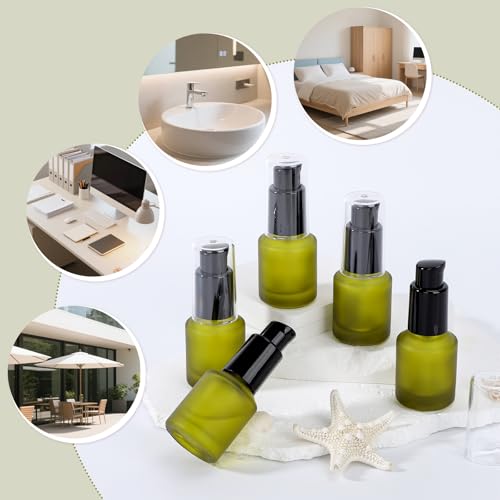 Image of Segbeauty 0.5oz Frosted Glass Travel Size Containers for Lotions, 5pcs Mini Empty Lotion Bottles Pump Dispenser Refillable, 15ml Green Travel Containers for Creams, Small Hair Oil Pump Bottle Liquids