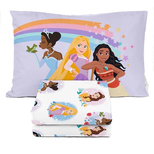 Image of Sunny Side Up Disney Princess Twin Sheet Set - 3 Piece Kids Bedding Set Includes Pillow Cover - Super Soft Rainbow Microfiber Sheets Features Moana, Belle & Rapunzel