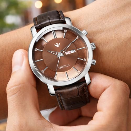 Image of CRESTELLO Brown /Green /Black Leather Strap Analog Wrist Watch with Day-Date Display for Men (Silver /Green /Brown /Black Dial) | CR-WT210