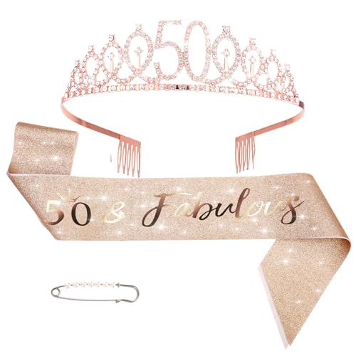 Fascia e diadema per 50° compleanno, decorazioni per il 50° compleanno, regalo per donne, kit corona con strass (oro rosa)