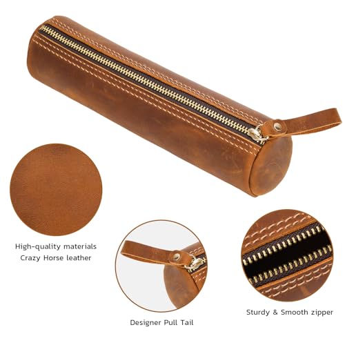 Image of ECHSRT Genuine Leather Pencil Pouch, Classic Cylinder Pen Bag - Brown | Full-Grain Cowhide Leather, Crazy Horse Finish, Single Zipper, Vintage Pen Organizer for Adults