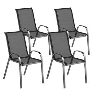 Outsunny Gartenstuhl 4er Set stapelbar Gartenstühle aus Stahl, Stapelstuhl mit Armlehne Rückenlehne wetterfest Terrassenstuhl bis 120 kg belastbar Gartenmöbel für Hinterhof, Garten, Balkon Schwarz