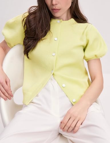 Image of Yimoon Women's Lightweight Puff Short Sleeve Cardigan Sweater | Summer, Y2K, Cropped Knit, Button Up, Blouse Tops