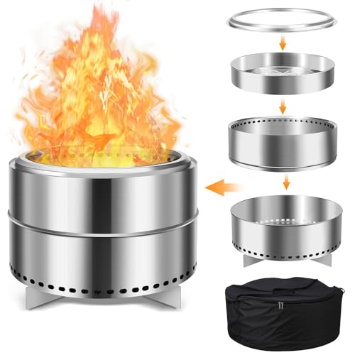 Smokeless Firepit, 27 Inch Stainless Steel Outdoor Portable Fire Pit with Removable Ash Pan and Carry Bag, Wood Burning Firepits for Outside with Stand, Ideal for 6 or More People, Silver