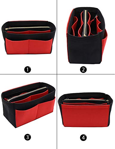 Image of Felt Purse Insert Handbag Organizer Bag in Bag Organizer with zipper Bag Tote Shaper for Speedy Neverfull 8021 Black-Red L2