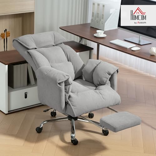 Image of HOMCOM Executive Office Chair Comfy with Foot Rest, Reclining Swivel Computer Desk Chair with High Folding Back, Thick Cushion, Padded Armrest, Adjustable Height, Rolling Wheels, Light Taupe Gray