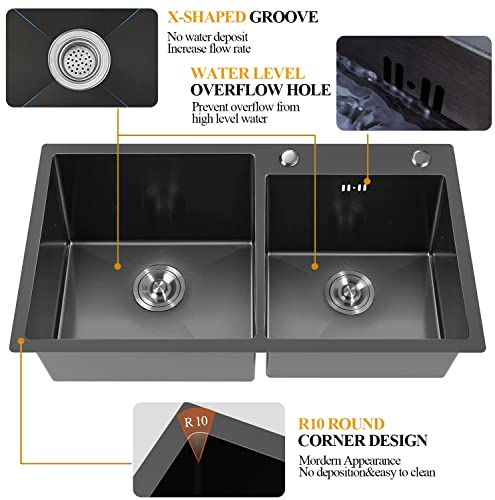 Black Double Bowl Kitchen Sink, Stainless Steel 32.3 X 17.7 Drop In Topmount Bar Sink Nice Kitchen Sink Combo-Storage Organizer, Faucet Sprayer, Drain Strainer Set For Modern Kitchen Sink #TOP1