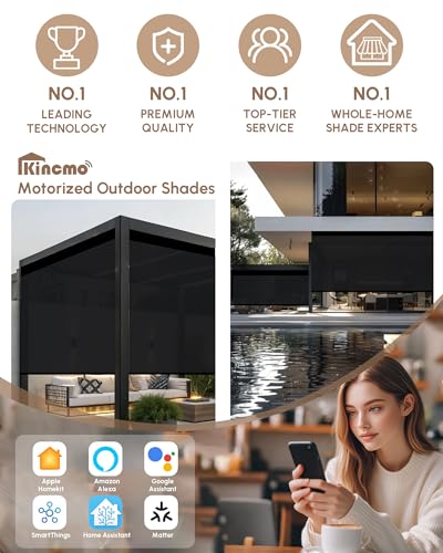 Image of Kincmo Motorized Outdoor Shades for Patio Porch, Custom Outdoor Motorized Blinds with Remote, Waterproof & Windproof Patio Shades Work with Apple Home,Alexa,Google (Black-1% Openness)