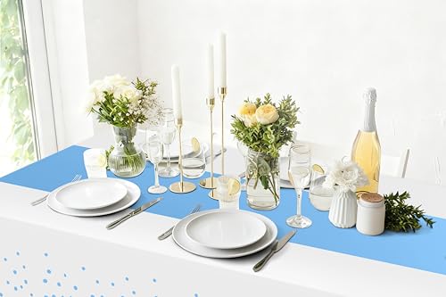 Image of Smiry Plastic Table Cloth Disposable 3 Pack, 54 x 108 Inch Rectangle Waterproof Tablecloth, Printed Gold Table Runner Style for Birthday Weeding, Party, Leakproof & Sturdy, White and Baby Blue