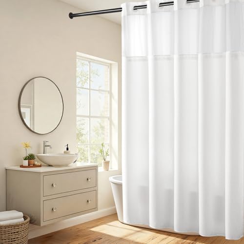 No Hooks Required Dotted Waffle Weave Shower Curtain with Snap in Liner -Extra Long 71W x 86H,Hotel Grade,Spa Like Bath Curtain,White