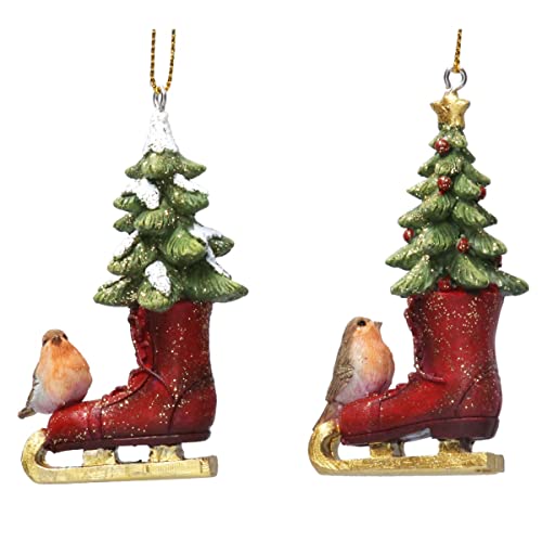 Image of Gisela Graham Resin 8 Centimetre Boots with Tree and Robin Set of 2 Assorted Designs