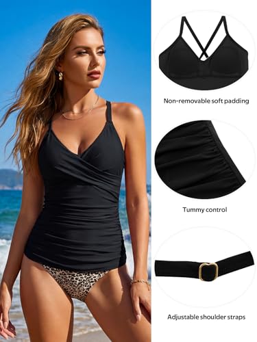 Image of RELELCIGA Women's Tankini Top V Neck Ruched Tummy Control Bathing Suit Top