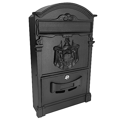 Finetree LARGE VINTAGE OUTDOOR LOCKABLE LETTER POST BOX MAILBOX WALL MOUNTED SECURE MAIL (Black), 41 cm x 25 cm x 7.5 cm