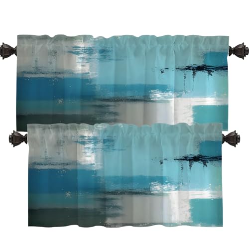 Shrahala Blackout Short Curtains for Windows, Kitchen Valance Thermal Insulated Rod Pocket Window Treatment for Bathroom 2 Pack 52 X 18 in,Teal Turquoise Grey