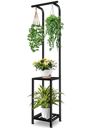 LLAXERGU Plant Stand Indoor Outdoor 65 Tall Plant Stand Outdoor 3 Tiered Hanging Plant Shelf Heavy Duty Flower Stand Multiple Plant Metal Display Rack for Living Room Garden Balcony
