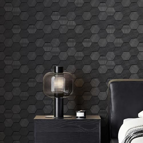 Simon&Siff Black Textured Wallpaper 3D Embossed Hexagon Geometric Wallpaper 17.3in