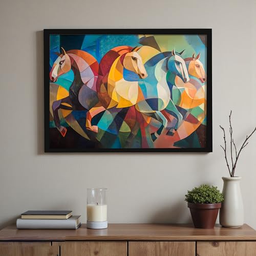 Image of Abstract 4 Running Horses Vastu Framed Wall Art Painting For Living Room| Horse Painting With Frame Symbol of Progress & Harmony Wall Art for Home & Office, 10x12 Inch