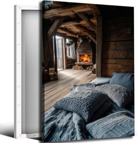 Cozy rustic attic retreat fireplace burning and soft knitted pillows
