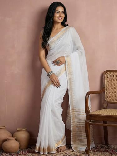 Image of Satrani Women's Cotton Silk Weaving Border Saree with Unstitched Blouse Piece