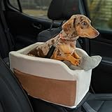 Center Console Dog Car Seat - Safety Straps & Leash - Sturdy Foam and Plush Pillows - Adjustable Mount Design - Large Storage Pockets for Accessories - Perfect for Small Pets & Cats (Khaki)