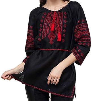 Rushnichok Vyshyvanka Women Ukrainian Hand Embroidered Black Red Linen Blouse Size M