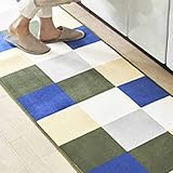 アイリスプラザ キッチンマット 台所マット 玄関マット フランネル 滑り止め付き 洗える 年中使える 防ダニ加工 ふわふわ ホットカーペット対応 幾何学 スクエア×グリーン 60×240cm FNR-RCK-6024