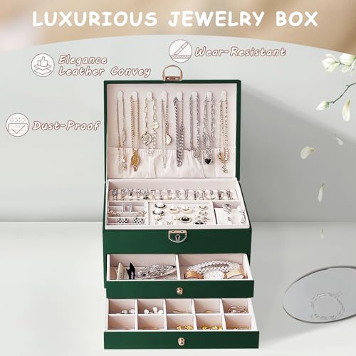 Jewelry Organizer Box, 3-Layer Jewelry Organizer, Soft Lining Jewelry Storage Case PU Leather with Lock, Removable Tray for Jewelry, Jewelry Box Gift for Women Girls, Mother's Day Gift by FNETDY - Image 3