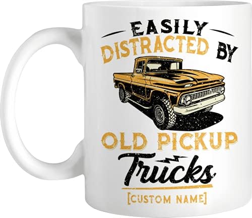 Personalized Classical Truck Easily Distracted By Old Pickup Trucks Mug, Customized Name Coffee Mug, Gift For Dad, Brother, Friend On Birthday, Camping, Holiday, Custom Ceramic Cup