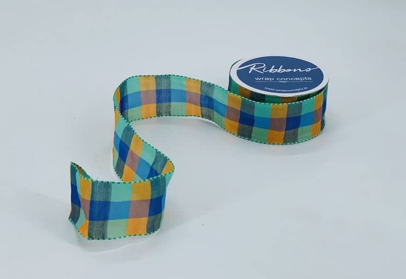 Wrap Concepts Check Fabric Ribbon (Tones of Blue, Mustard & Mint)