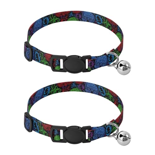 Lot de 2 colliers pour petits chiens colorés avec têtes de morts et clochettes, longueur réglable de 26,9 cm à 43,4 cm