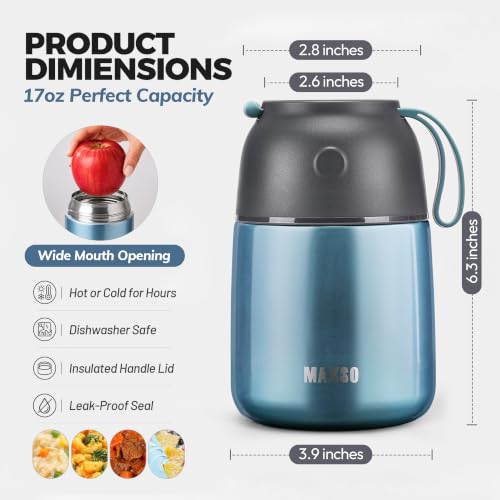 Image of Insulated Thermo Food Jar for Hot & Cold Food for Kids Adult, 17 oz Soup Thermal Hot Food Containers for Lunch, Triple Layer Insulation Stainless Steel Food Jar with Spoon (Lightblue)