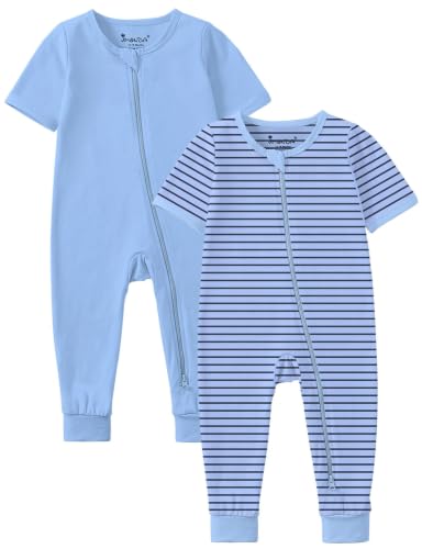 Jimonda Pijama de algodão de manga curta com zíper bidirecional, Azul claro | Pacote com 2, liso + listrado, sem pés, pernas compridas, pijama de verão, fácil troca de fraldas, sem etiqueta, macio