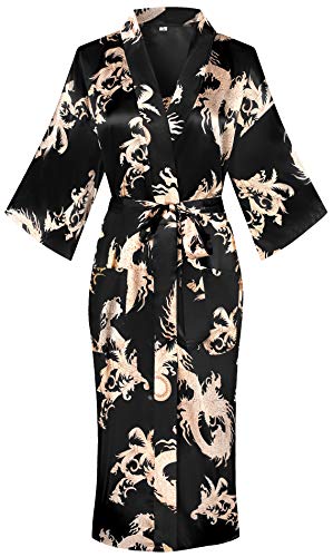 Women Long Silky Bathrobe Satin Kimono Robe Floral Printed Dressing