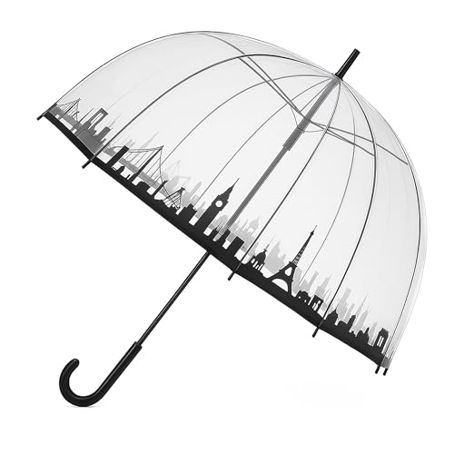 TIENDA EURASIA – Paraguas Plegable Transparente | Apertura Automática | Forma de Cúpula | Diámetro 85 cm | Plástico Impermeable y Estructura de Acero Color Negro | Resistente al Viento (Skyline París)