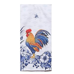 DHE 2 Piece Blue Rooster Kitchen Towel BundleDual Purpose and Embroidered Tea Towel