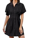 MSBESYOR Women Button Down Pleated Shirt Dress Summer Short Sleeve Blouse Striped Print Corset Mini Dresses Black