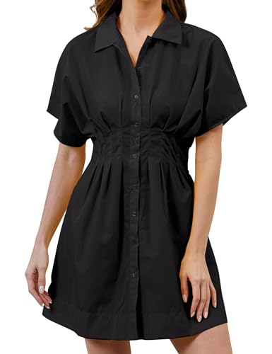 MSBESYOR Women Button Down Pleated Shirt Dress Summer Short Sleeve Blouse Striped Print Corset Mini Dresses Black