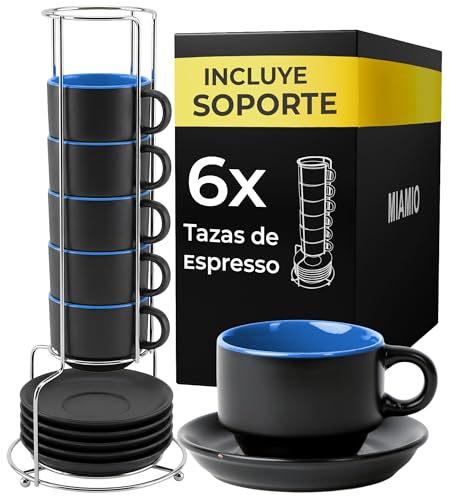 Imagen de MIAMIO 6 x 75 ml Tazas Cafe Espresso De Cerámica de Gres Juego De Tazas De Café con Plato Le Papillon Colección