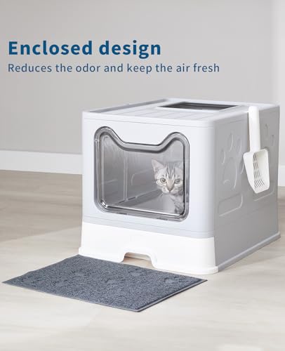 Medario Cat Litter Box with Litter Mat and Scoop, Large Covered Litter Box with Lid, Front Entry Top Exit Kitty Box, Odor Control, Easy to Clean (Grey)