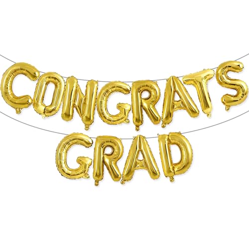 VHUWE Gold Congrats Grad Balloons, 16 Inch Foil Congrats Grad Balloon Banner for Graduation Decorations 2026 Congratulations Balloons Graduation Party Decorations