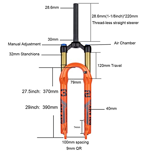 Bolany 27.5/29Inch Bike Suspension Fork 120Mm Travel 28.6Mm (1-1/8Inch)*220Mm Thread-Less Straight Steerer 9Mm Qr*100Mm Spacing Disc Brake Version Mtb Air Forks (Manual Orange, 29Inch) #TOP3