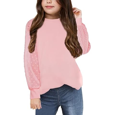 Yekaty Girls Shirts Casual Solid Color Crewneck Blouses Soft Long Sleeve Swiss Dots Chiffon Tops Cover