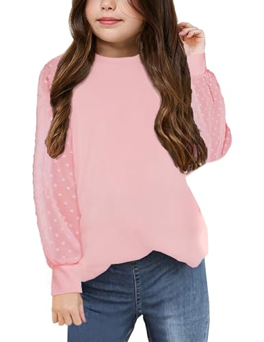 Image of Yekaty Girls Shirts Casual Solid Color Crewneck Blouses Soft Long Sleeve Swiss Dots Chiffon Tops