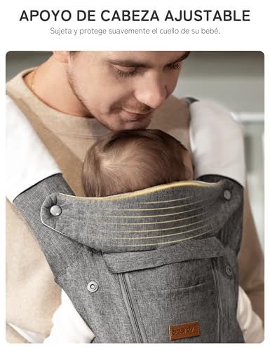 Mochila portabebés ergonómica gris con dos baberos de algodón 4