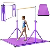 PreGymnastic Foldable Gymnastics Bar, 5.6FT Folding Horizontal Bars for Kids Ages 3-12, Weight Limit 350 LB, Adjustable kip Bar,Children Home Gym Equipment Indoor(Foldable Bar with Mat, Violet-Mat)