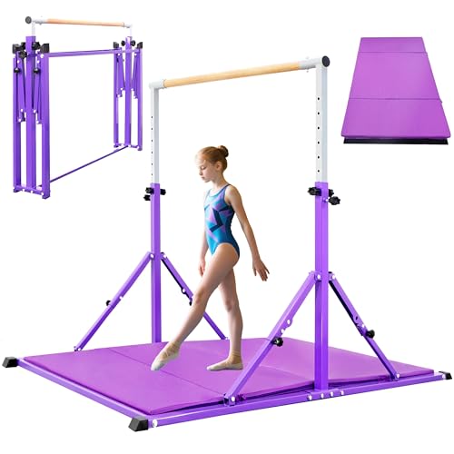 PreGymnastic Foldable Gymnastics Bar, 5.6FT Folding Horizontal Bars for Kids Ages 3-12, Weight Limit 350 LB, Adjustable kip Bar,Children Home Gym Equipment Indoor(Foldable Bar with Mat, Violet-Mat)