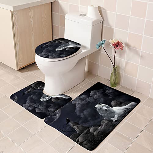 Badezimmer Teppich Set Weich Waschbar Badezimmerteppich 3 TLG rutschfeste Badeteppich WC Vorleger Deckelbezug U-förmige Konturmatte Memory Schaum Badezimmermatte ( Grauer Tierwolf )