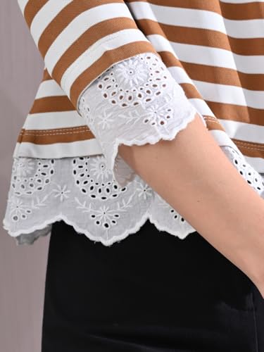 Image of Women's Striped Top with Peter Pan Collar | Elegant 3 /4 Sleeve Lace Trim Shirt | Stylish Casual & Office Wear | Black & White Striped Blouse for Women